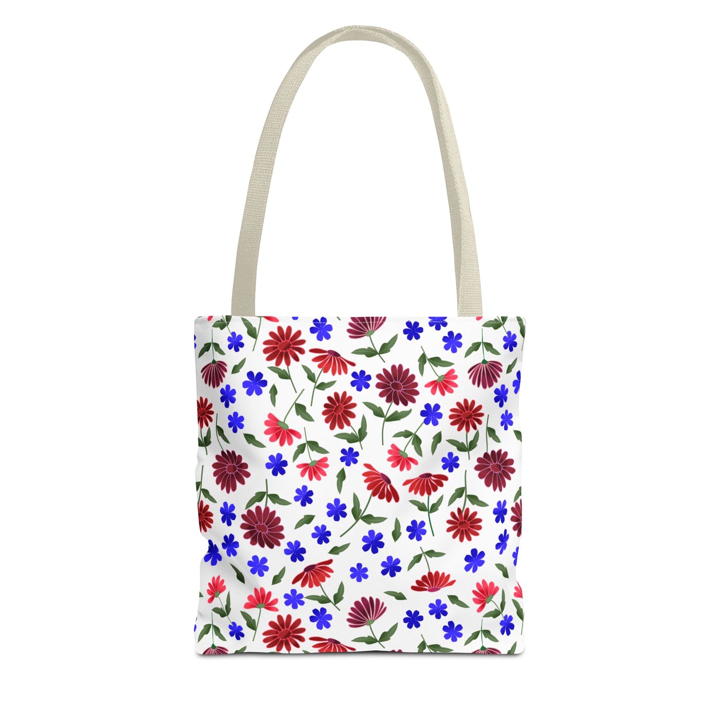 Floral Pattern Tote Bag — Red & Blue Wildflower All-Over Print: A cheerful canvas tote featuring vibrant red and blue flowers on white, with sturdy black handles, perfect for versatile, joyful everyday use.