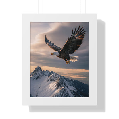 Vertical Poster - Magnificent Bald Eagle Soaring Over Snow-Capped Mountains: A framed poster captures a bald eagle majestically flying above snowy peaks at golden hour, perfect for nature enthusiasts seeking adventure and awe.