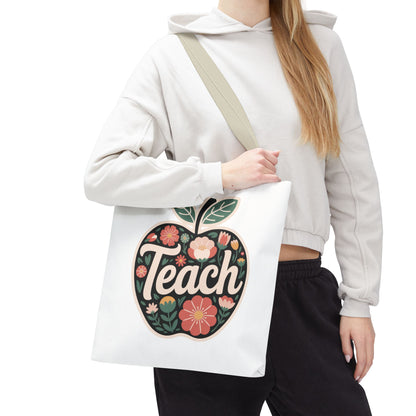 Floral Apple Tote Bag - Hand-Drawn Pastel-Colored Design with 'TEACH', featuring a cheerful apple shape filled with delicate floral illustrations, ideal for teachers and nature lovers, crafted for durability and style.