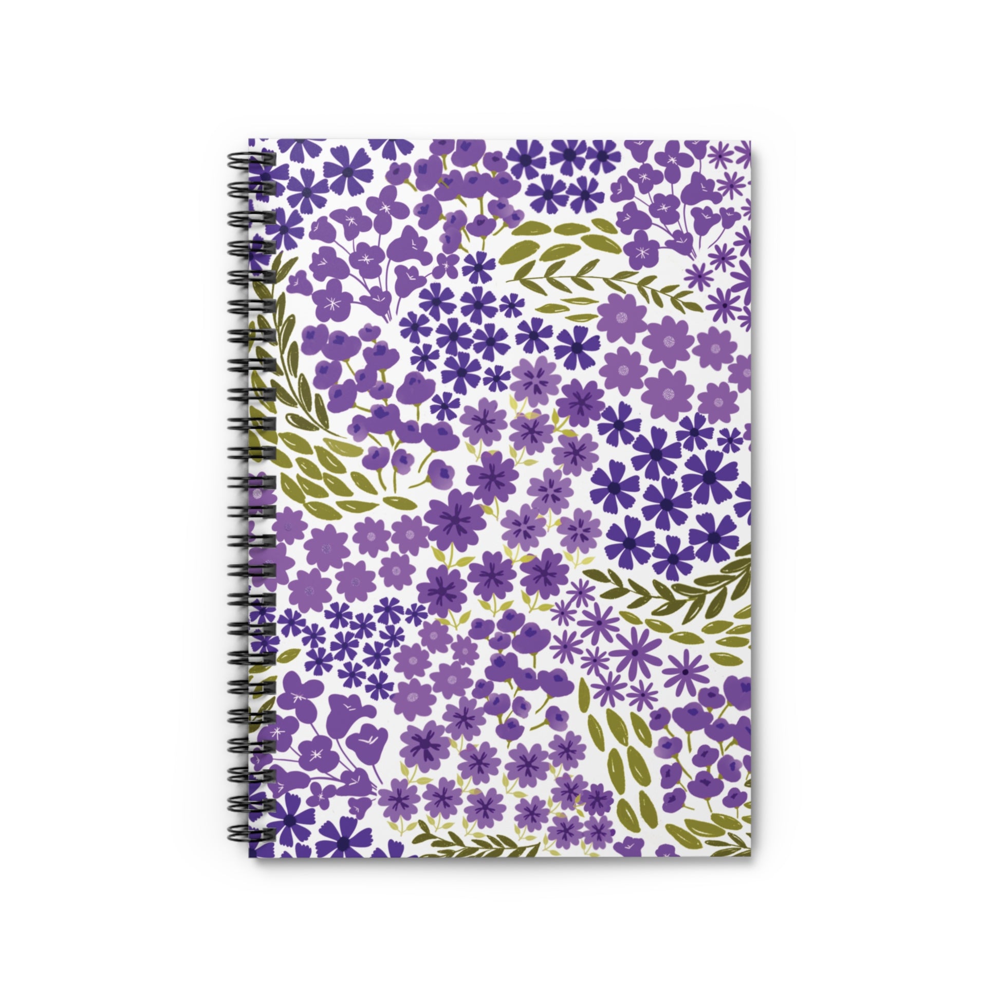 Floral Spiral Notebook showcasing a vibrant purple floral pattern on a white cover, complemented by olive-green leaf sprigs, perfect for creative expression and organization, with a durable metal spiral binding.