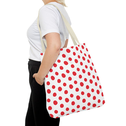Red Polka Dots Tote Bag: A vibrant, playful handbag with red and white polka dots, perfect for everyday use. Designed for durability and style, it embodies FireBrook Essentials' joyful, uplifting design ethos.
