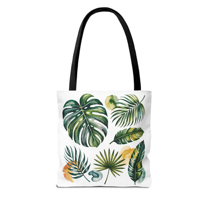 Tropical Leaves Tote Bag featuring a close-up leaf design, highlighting its durable, spacious structure. Ideal for beach trips or shopping, embodying FireBrook Essentials' stylish, joyful vibe.