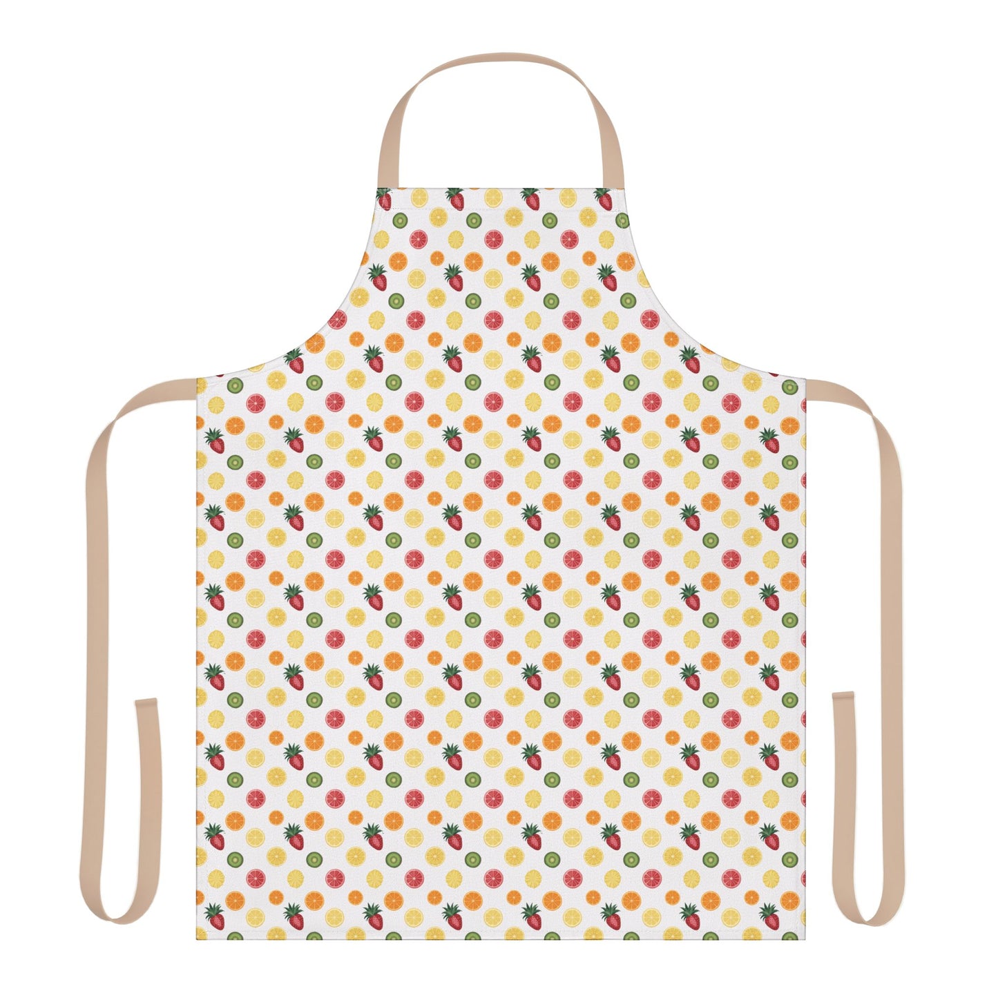 Apron, Fruit Slice Design, 5-Color Straps: A vibrant white apron adorned with colorful fruit slices, ideal for cooking enthusiasts. Features tie-back closure and soft polyester canvas for comfort.