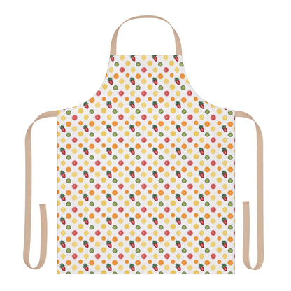 Apron, Fruit Slice Design, 5-Color Straps: A vibrant white apron adorned with colorful fruit slices, ideal for cooking enthusiasts. Features tie-back closure and soft polyester canvas for comfort.