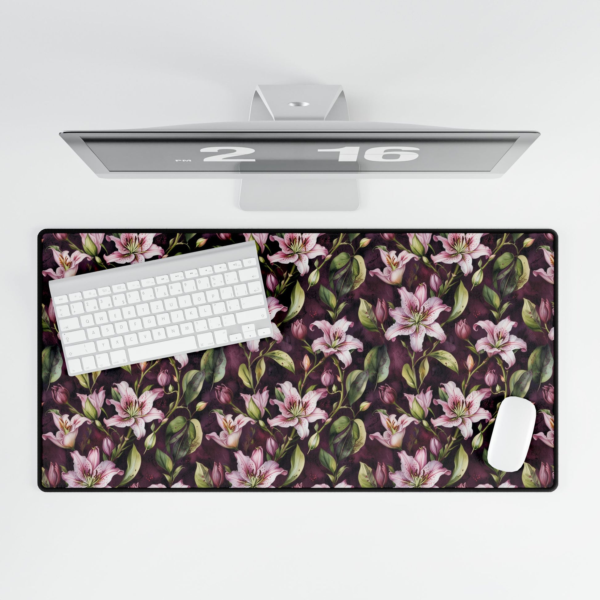 Lilies Floral Desk Mat - Elegant Workspace Accessory features a keyboard and mouse on a floral-patterned surface, enhancing any desk with style and functionality. Ideal for home offices or gaming setups.