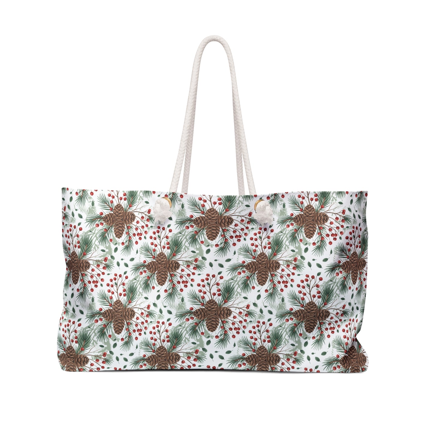 Weekender Bag - Woodland Pinecone Pattern Travel Tote, featuring a nature-inspired design with pinecones, branches, and berries. Ideal for outdoor enthusiasts, this stylish accessory is perfect for weekend getaways and camping trips.