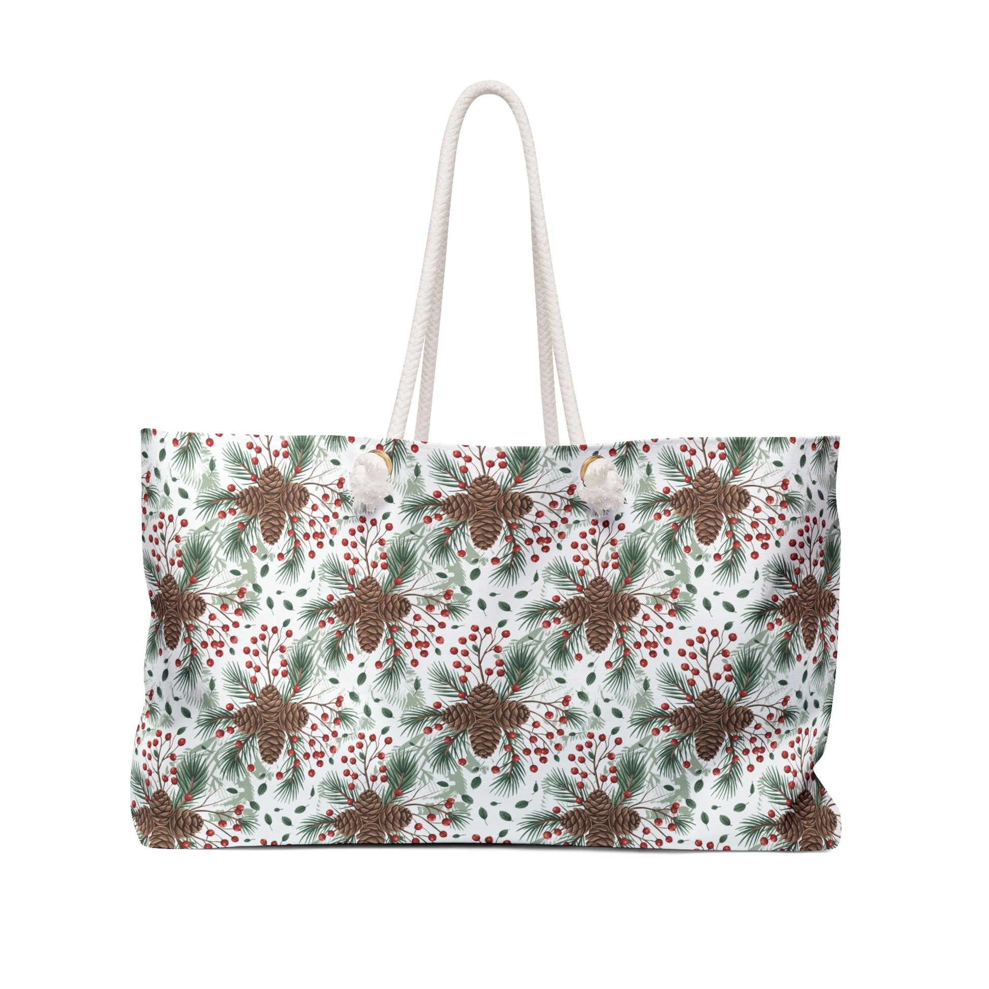 Weekender Bag - Woodland Pinecone Pattern Travel Tote, featuring a nature-inspired design with pinecones, branches, and berries. Ideal for outdoor enthusiasts, this stylish accessory is perfect for weekend getaways and camping trips.