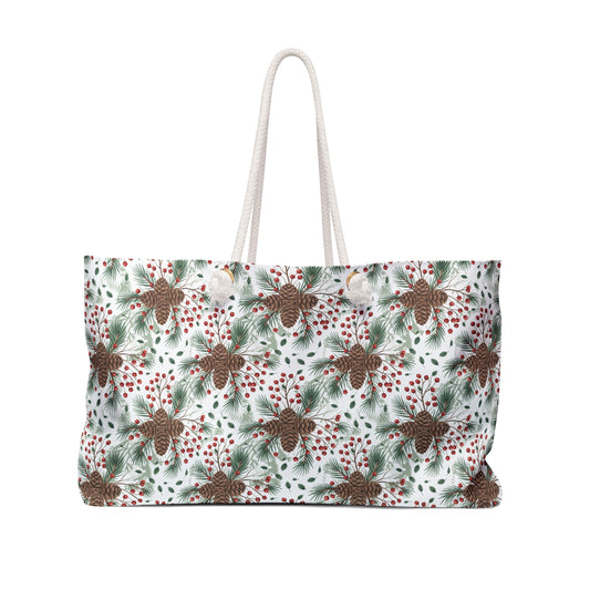 Weekender Bag - Woodland Pinecone Pattern Travel Tote, featuring a nature-inspired design with pinecones, branches, and berries. Ideal for outdoor enthusiasts, this stylish accessory is perfect for weekend getaways and camping trips.
