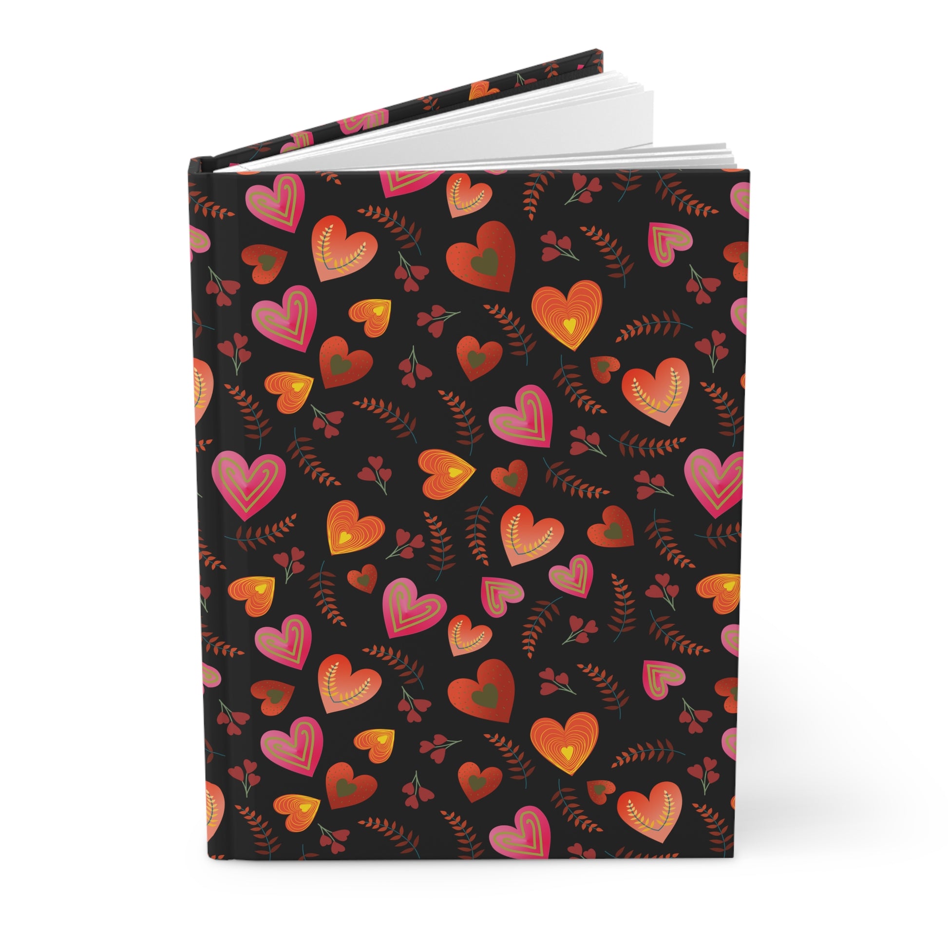 HARDCOVER JOURNAL, MATTE, RULES, 5X7, SEWN BIND, CLEAN-TEAR PAGES features a vibrant cover with heart and leaf motifs, offering 150 lined, perforated pages for effortless writing and removal.