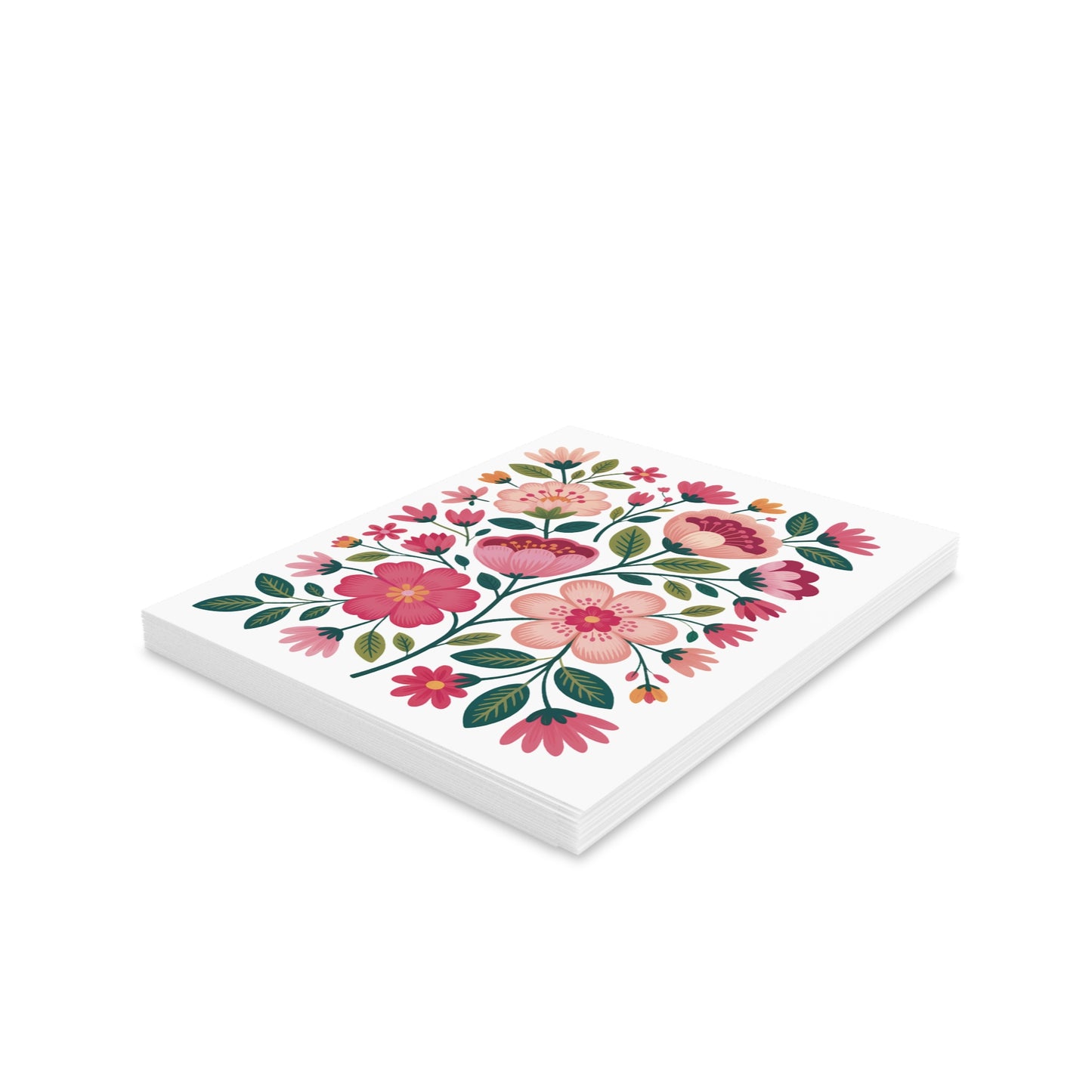 Flower Greeting Cards — Pack of 8/16/24 features a stack of square cards adorned with a vibrant botanical motif of pink and peach flowers and green leaves, embodying cheerful, garden-inspired elegance.