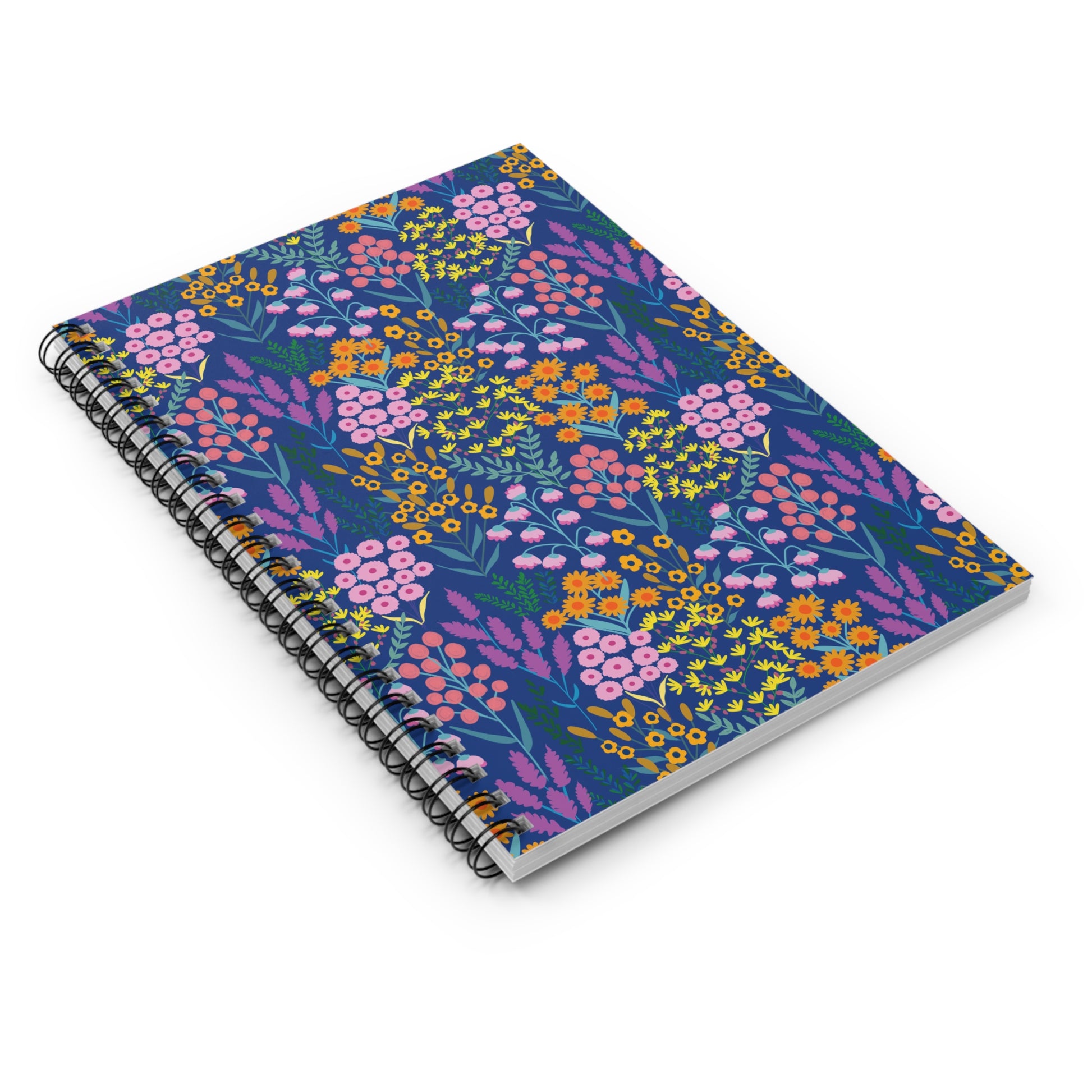 Floral Spiral Notebook with vibrant flower design on dark blue cover; features black metal binding and exposed white pages, perfect for creative and organized note-taking, aligning with FireBrook Designs' uplifting style.