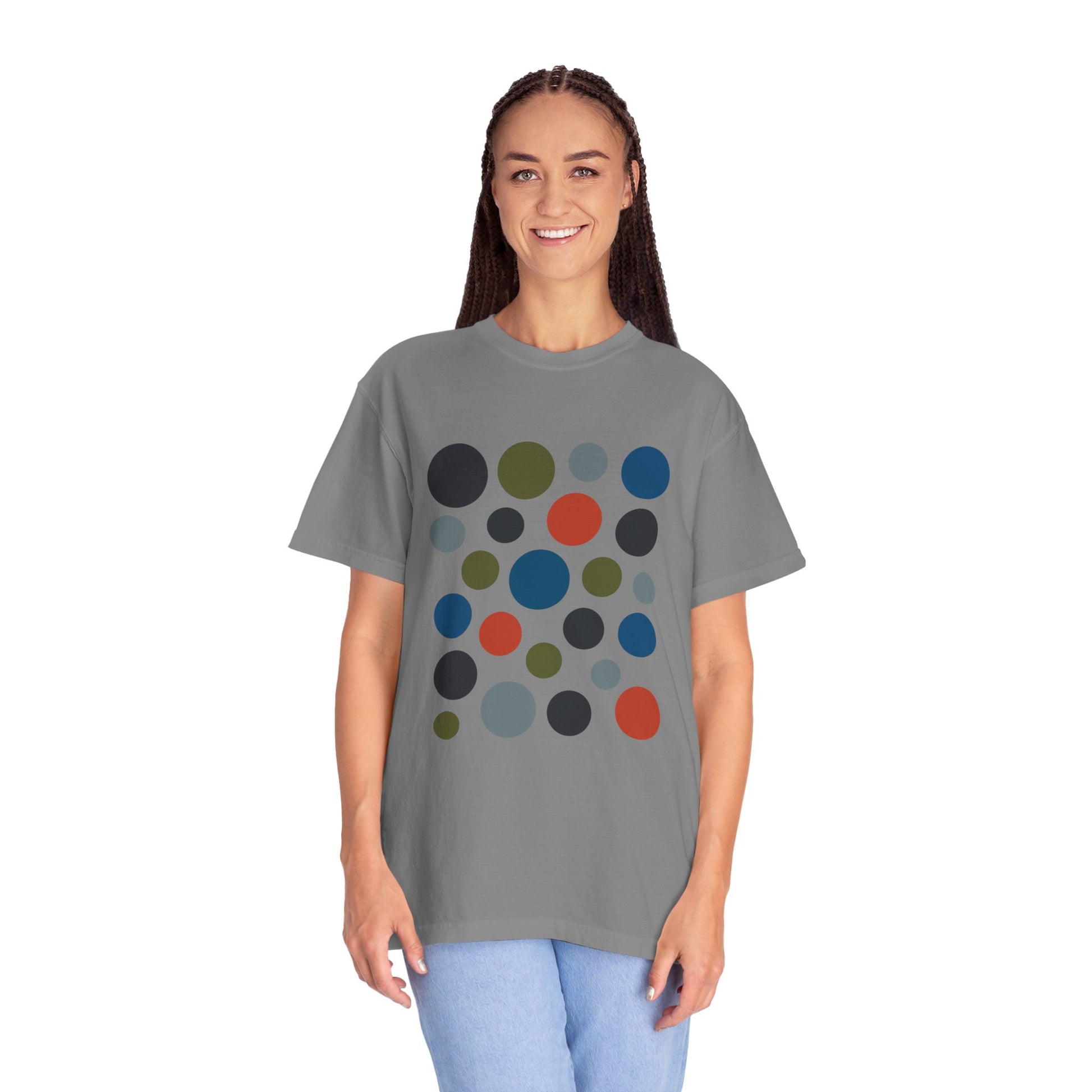 Abstract Circle Design in Modern Muted Tones T-Shirt featuring a non-repetitive layout of solid circles, ideal for art lovers seeking a stylish, comfortable tee from FireBrook Essentials.