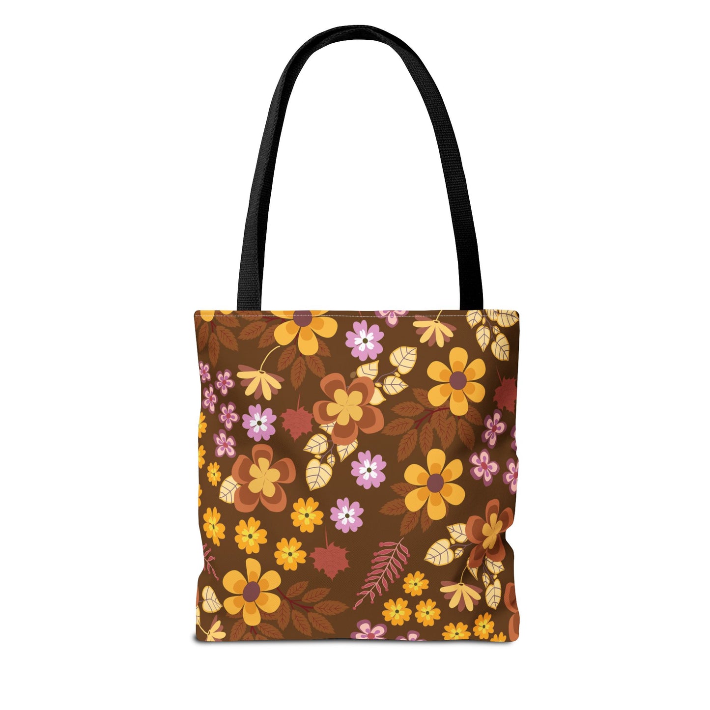 Floral Tote Bag featuring a vibrant floral pattern on a rich brown background with long black straps, designed for durability and style, perfect for summer outings and joyful occasions.