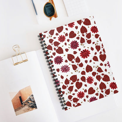 Spiral Notebook, Durable Cover, Ruled, 6x8 featuring a pattern of leaves and flowers, lies on a styled desktop with a magazine and round sunglasses, embodying FireBrook Essentials' blend of style and practicality.