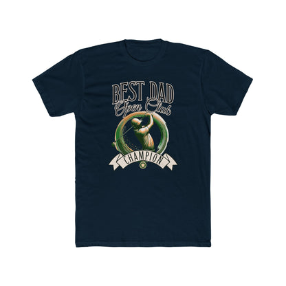 Best Dad Open Club Golf T-Shirt showcasing a relaxed fit with ribbed knit collar, side seams, and shoulder tape, crafted from 100% combed cotton, perfect for golf-loving dads seeking comfort and style.