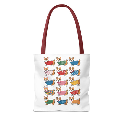 Cheerful Corgi Cartoon Style Dog Lover Tote Bag showcases adorable corgis in playful outfits, ideal for adding whimsy to your daily routine. Durable polyester, available in multiple sizes, perfect for joyful, everyday use.