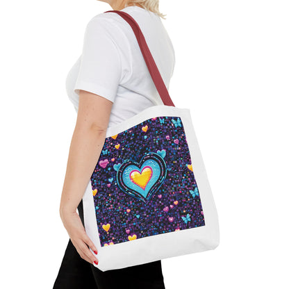 Heart Pixelated Nostalgic Cyber-Aesthetic Tote Bag featuring pixelated heart design, carried by a woman, showcasing stylish, durable accessory for everyday use.