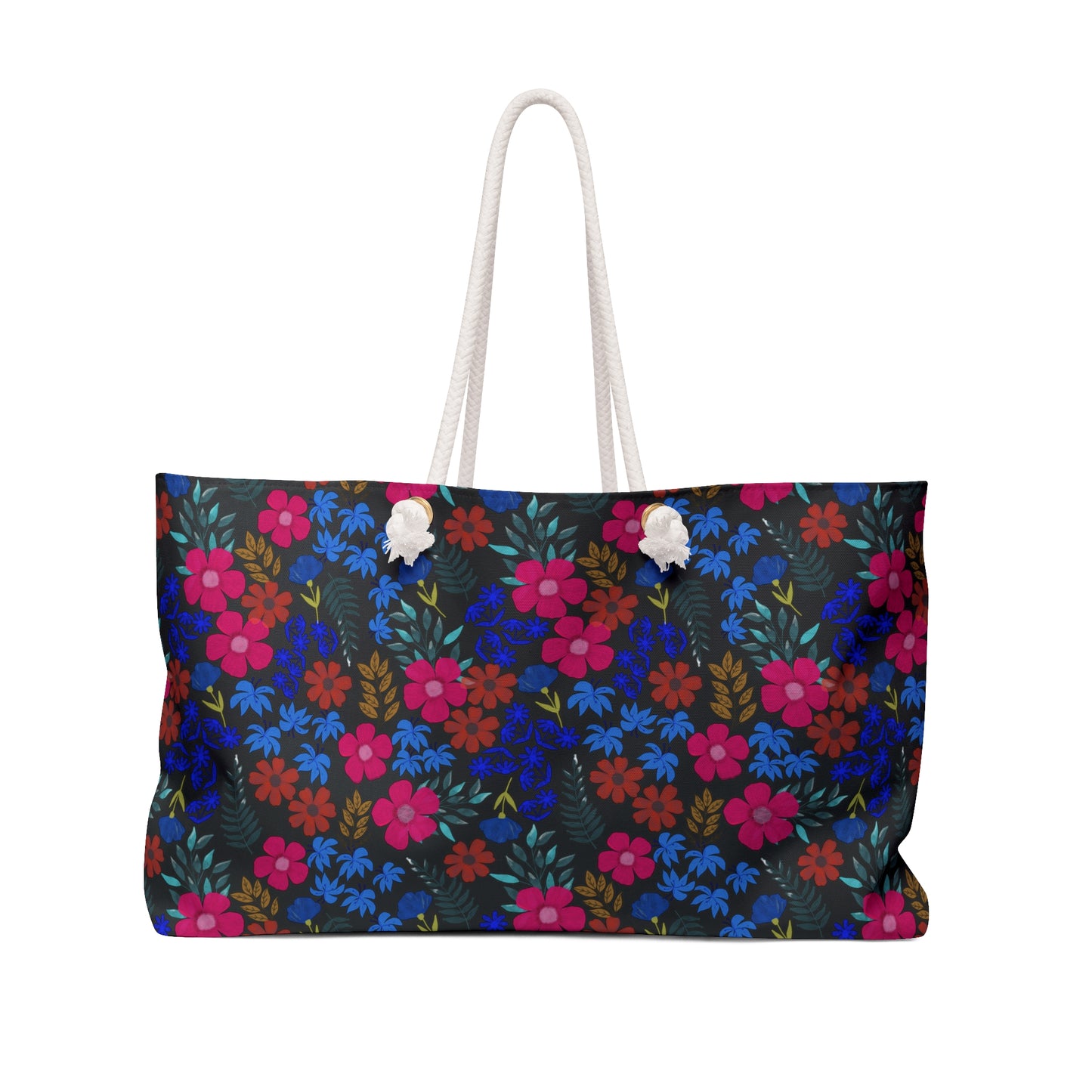 Weekender Bag with vibrant floral design, featuring thick white rope handles and a spacious body. Perfect for stylish travel, aligning with FireBrook Designs' ethos of joyful, uplifting, and functional products.