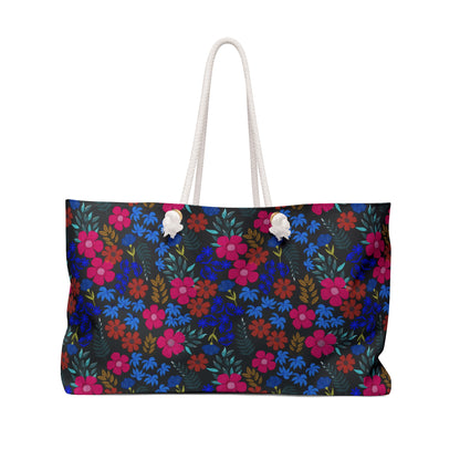 Weekender Bag with vibrant floral design, featuring thick white rope handles and a spacious body. Perfect for stylish travel, aligning with FireBrook Designs' ethos of joyful, uplifting, and functional products.