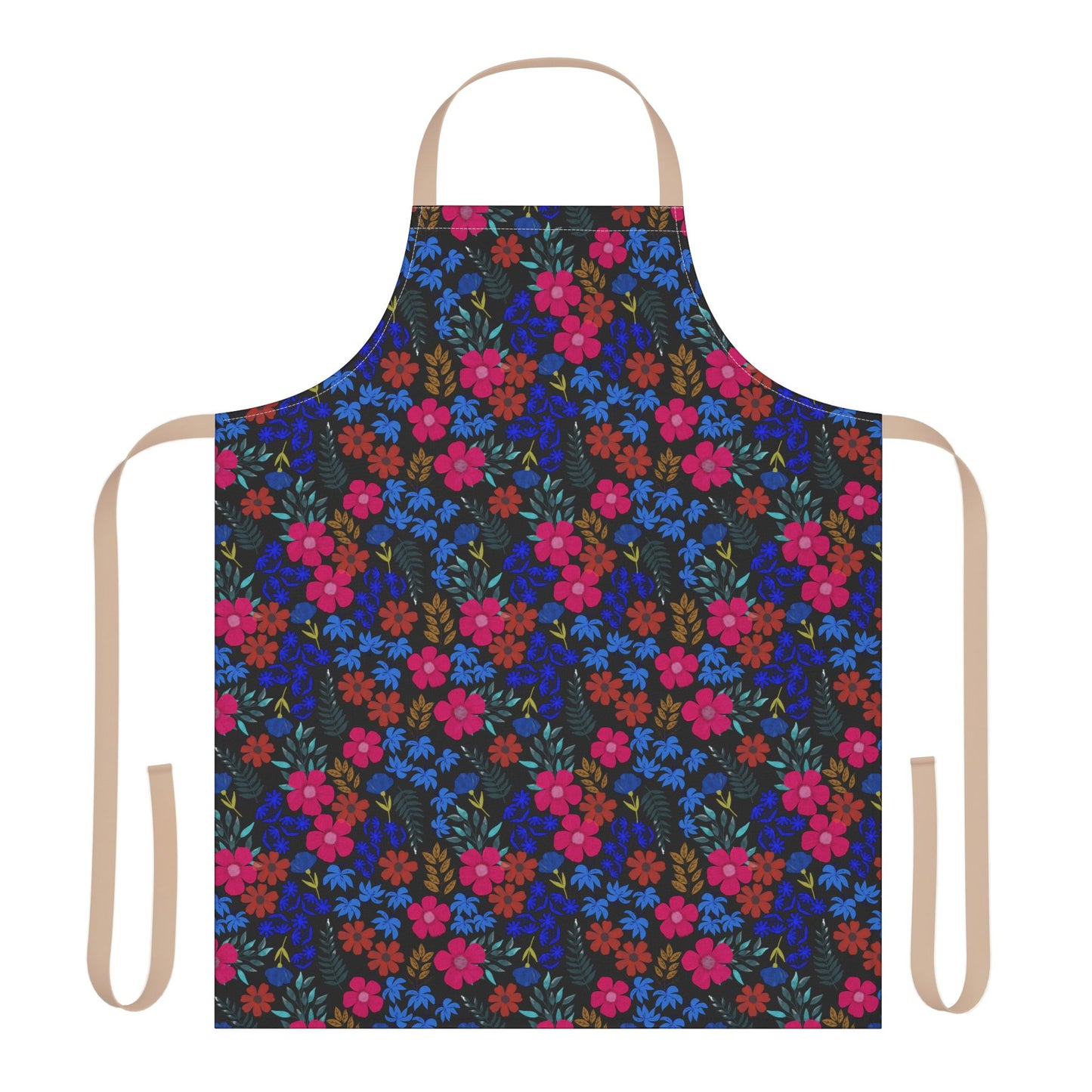 Apron Floral Design: A full-coverage apron with vibrant floral patterns on a dark fabric, featuring tan neck and waist ties. Made from soft, stain-free polyester canvas, ideal for cooking or crafting.