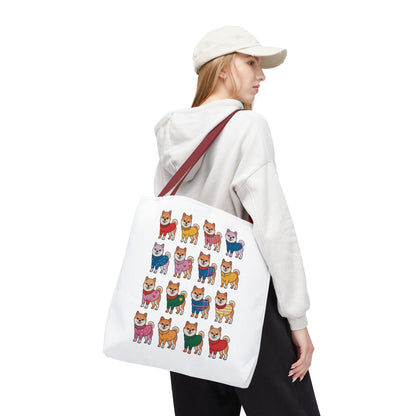 Shiba Inu Grid Tote Bag with Colorful Outfits showcases cheerful Shiba Inus in vibrant attire, perfect for adding whimsy to daily errands. Ideal for dog lovers and fans of cute accessories.