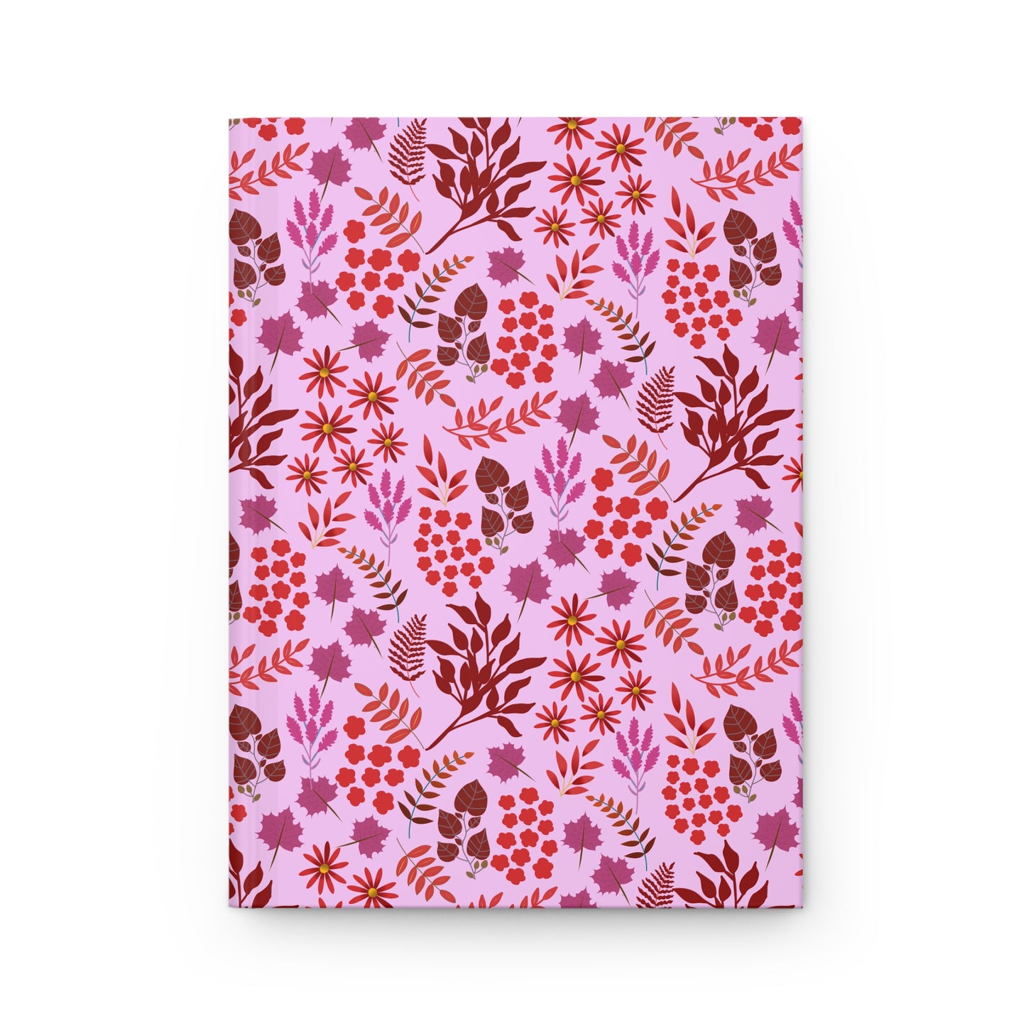 HARDCOVER JOURNAL, MATTE, RULED, 5X7, SEWN BIND, CLEAN-TEAR PAGES – AUTUMN HARVEST features a vibrant floral pattern with red flowers and burgundy leaves on a soft pink background, enhancing its joyful design.