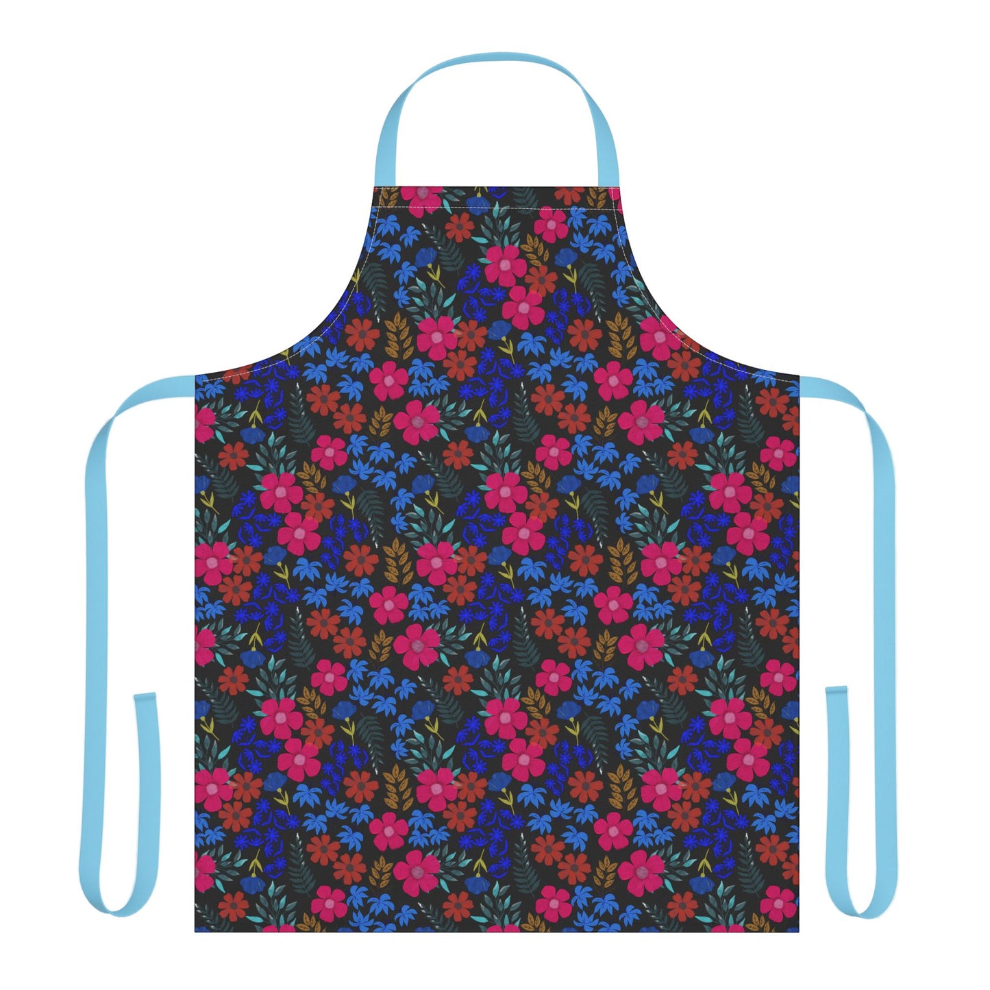 Apron Floral Design: A full-coverage kitchen apron featuring vibrant floral patterns on a dark background, complemented by sky-blue neck and waist straps, crafted for comfort and style from 100% polyester.