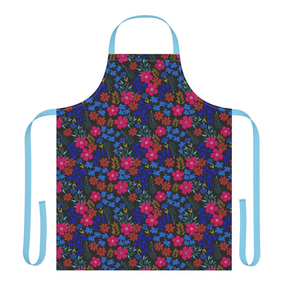 Apron Floral Design: A full-coverage kitchen apron featuring vibrant floral patterns on a dark background, complemented by sky-blue neck and waist straps, crafted for comfort and style from 100% polyester.