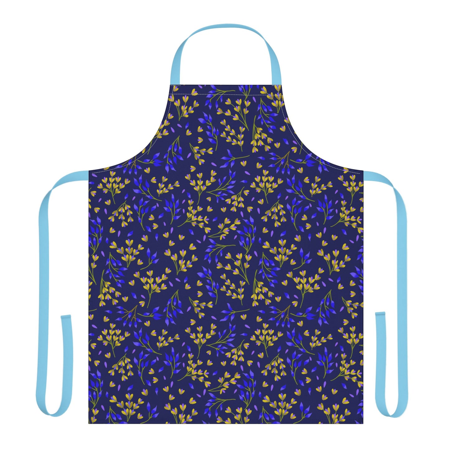 Floral Apron from FireBrook Designs features a deep blue fabric adorned with a yellow and cobalt leaf motif, light-blue neck loop, and waist ties, blending comfort and style for joyful kitchen moments.