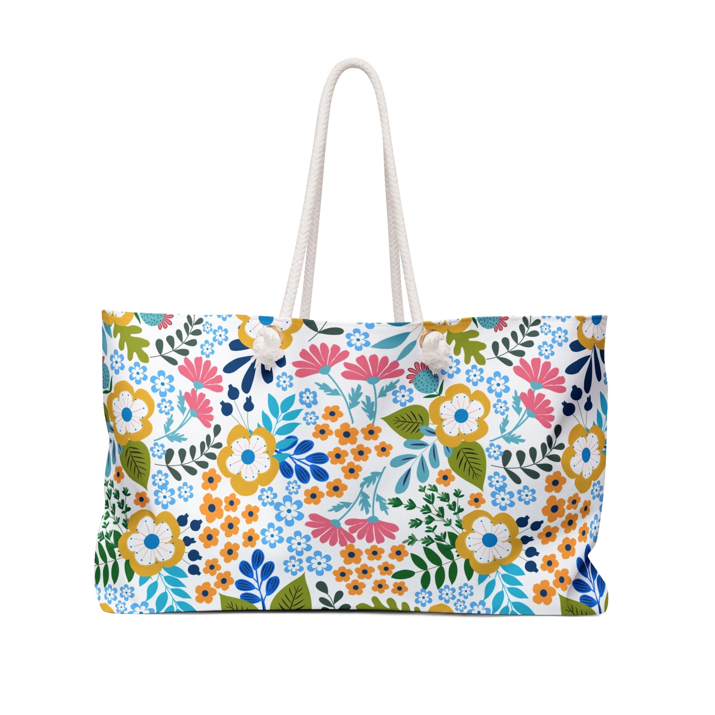Weekender Bag with colorful floral print and sturdy white rope handles, ideal for stylish travel. Featuring a generous size and durable polyester material, perfect for holidays and weekend getaways.