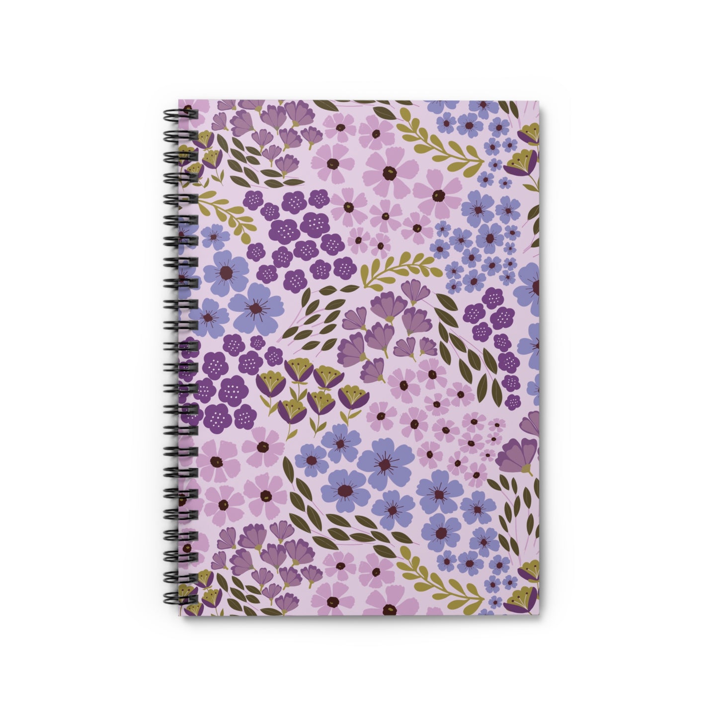 Floral Spiral Notebook featuring a vibrant floral pattern with lavender, purple, and blue hues, accented by olive-green leaves, and a black coil binding, ideal for creative note-taking or journaling.