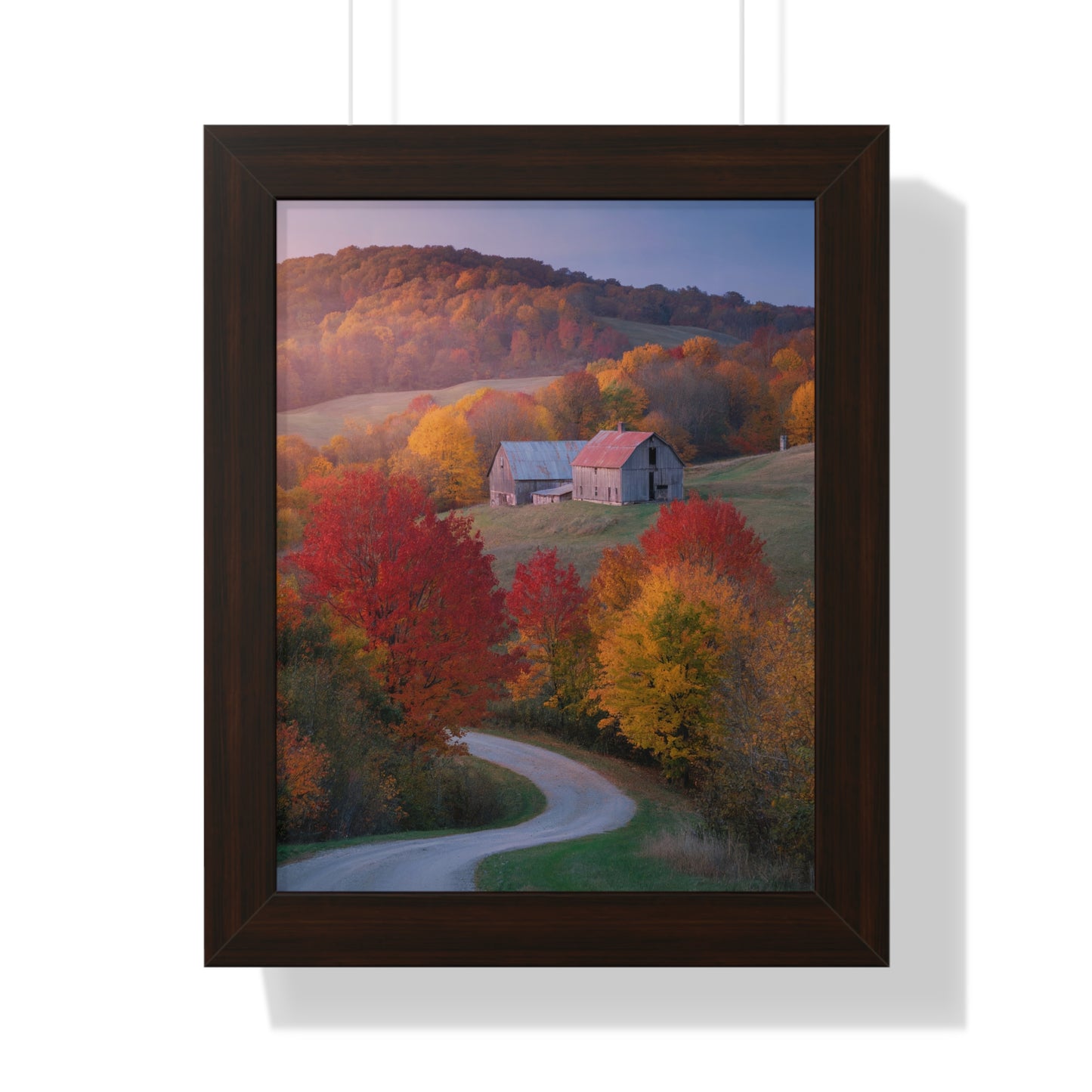 Vertical Poster - Countryside Fall Foliage Photography: Framed poster showcasing a serene countryside with a barn and vibrant autumn trees, ideal for adding warmth and nature-inspired elegance to any room.
