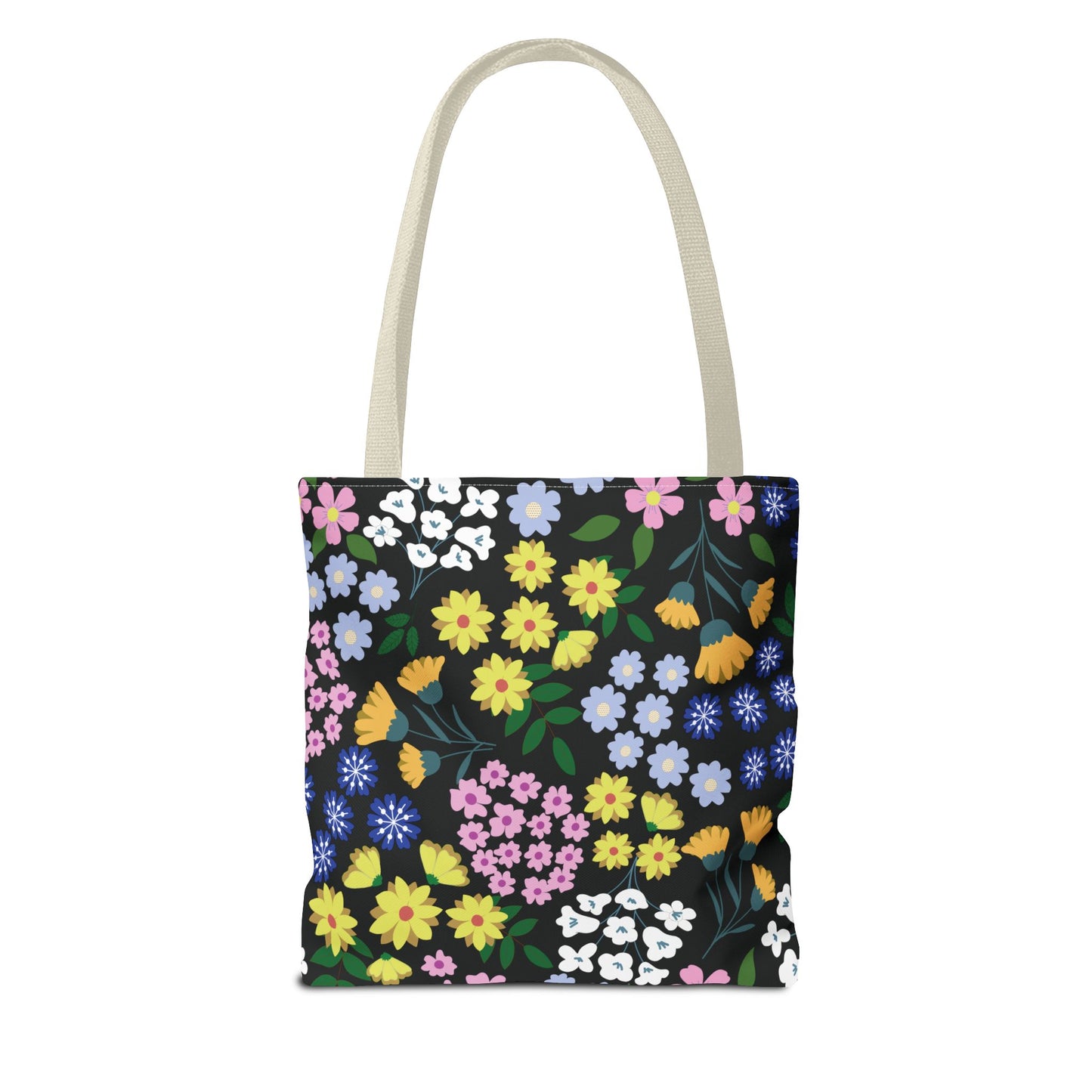 Floral Tote Bag showcasing a vibrant scattered floral pattern against a black backdrop, features natural-colored handles. Designed for durability and style, perfect for cheerful summer outings or market visits.