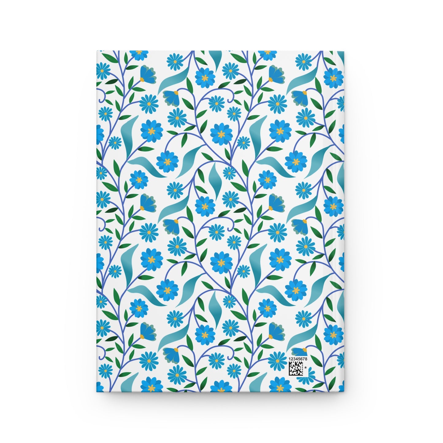 HARDCOVER JOURNAL, MATTE, RULED, 5X7, SEWN BIND, CLEAN-TEAR PAGES – BLUE DAISY VINE features a floral pattern of blue daisies and vines on a white cover, with a tiny QR code and numeric code.