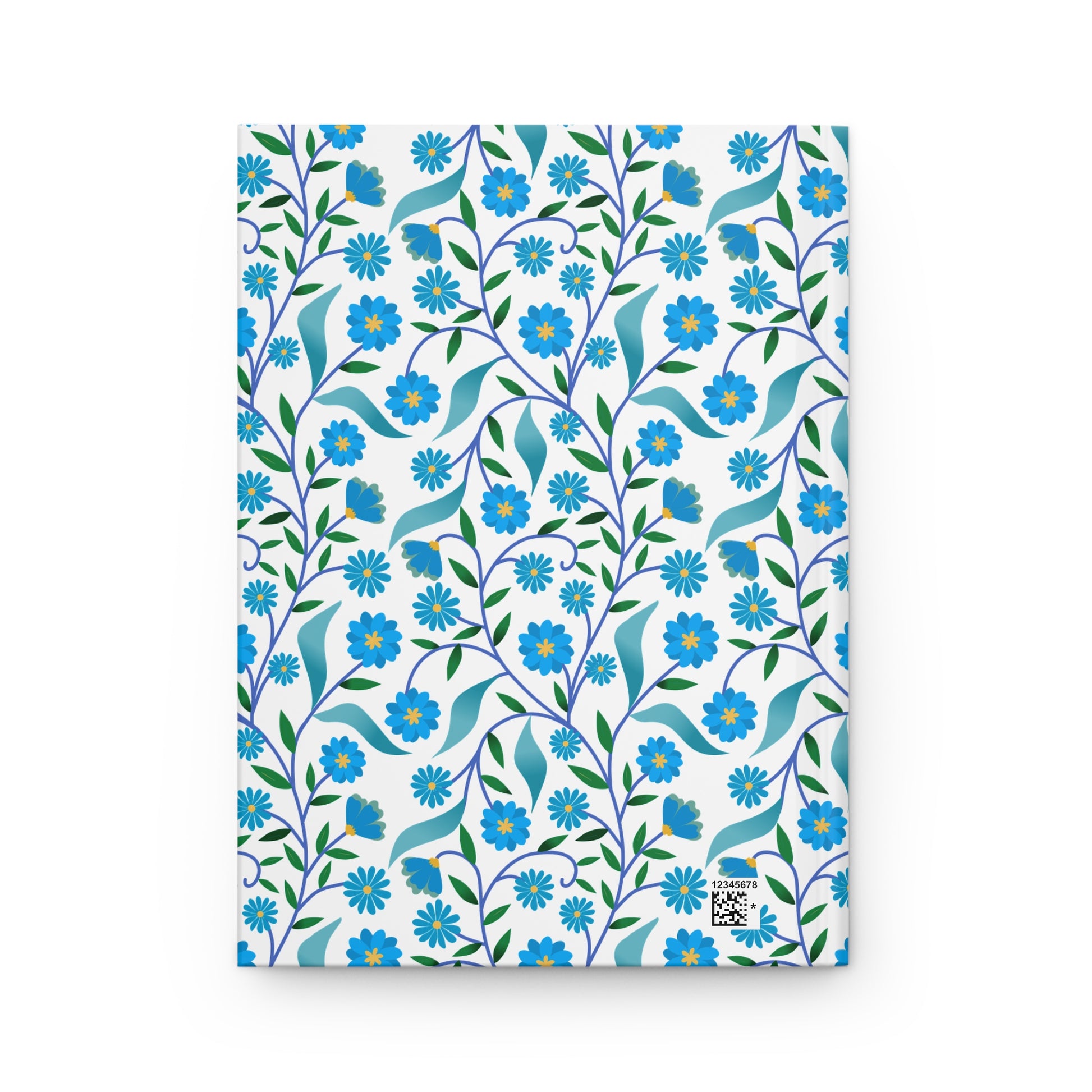 HARDCOVER JOURNAL, MATTE, RULED, 5X7, SEWN BIND, CLEAN-TEAR PAGES – BLUE DAISY VINE features a floral pattern of blue daisies and vines on a white cover, with a tiny QR code and numeric code.