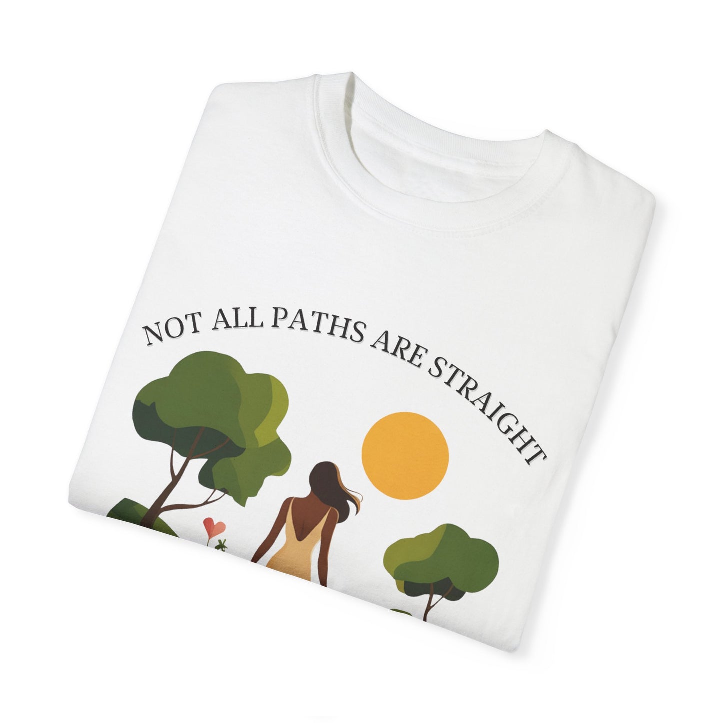 Inspirational Message T-Shirt featuring a woman and trees graphic, symbolizing not all paths are straight; ideal for stylish, everyday comfort with a relaxed fit from FireBrook Essentials.