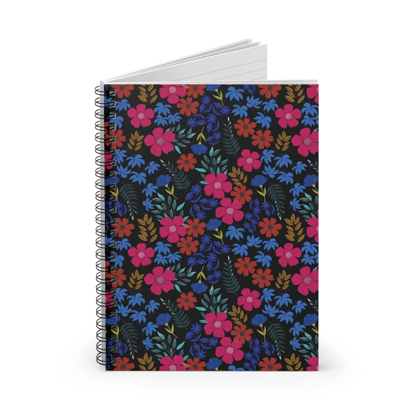 Floral Spiral Notebook with vibrant blossoms, sleek metal binding, stands upright displaying white pages. Perfect for creative tasks; compact, durable design embodies FireBrook Essentials' joyful, uplifting style.