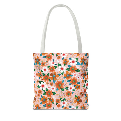 Peach Poppy Grove Tote Bag featuring vibrant orange, white, and teal flowers on a peachy-pink background with white webbing handles, ideal for brightening summer outings with FireBrook Essentials' joyful designs.