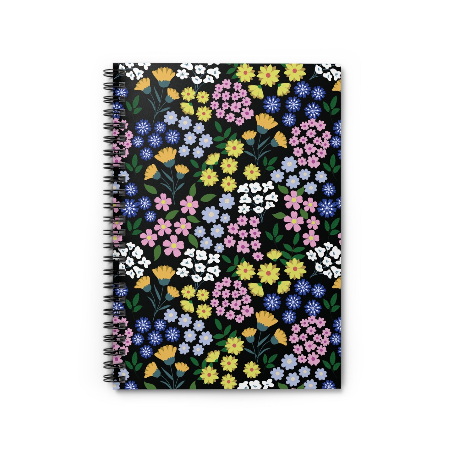 Floral Spiral Notebook with vibrant clusters of small flowers and green leaves on a black cover, featuring sleek metal spiral binding for easy page turning, ideal for creative and organized note-taking.