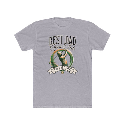 Best Dad Open Club Golf T-Shirt, featuring a relaxed fit with ribbed knit collar and side seams, ideal for golf-loving dads. Made from 100% combed cotton, perfect for casual or special occasions.
