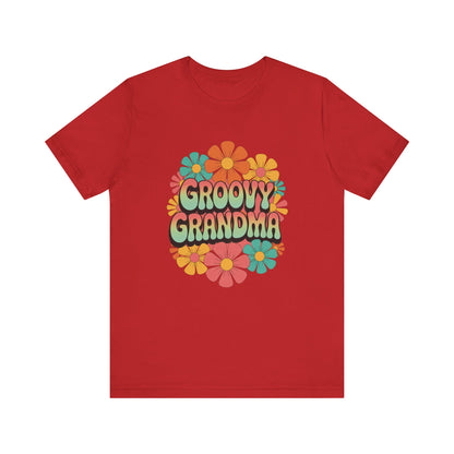 Groovy Grandma for Mother's Day Bella+Canvas Unisex T-Shirt featuring a vibrant flower design, offering a retro, playful style perfect for vintage-loving grandmas, crafted from soft Airlume cotton.