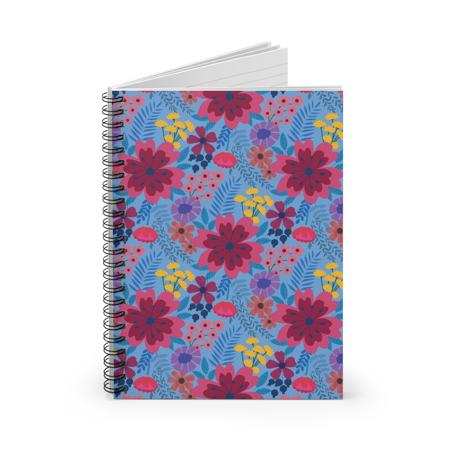 Floral Spiral Notebook with vibrant pink, yellow, and purple flowers on a light blue cover, featuring a sleek metal spiral binding and peek of lined pages, ideal for creative expression and organization.