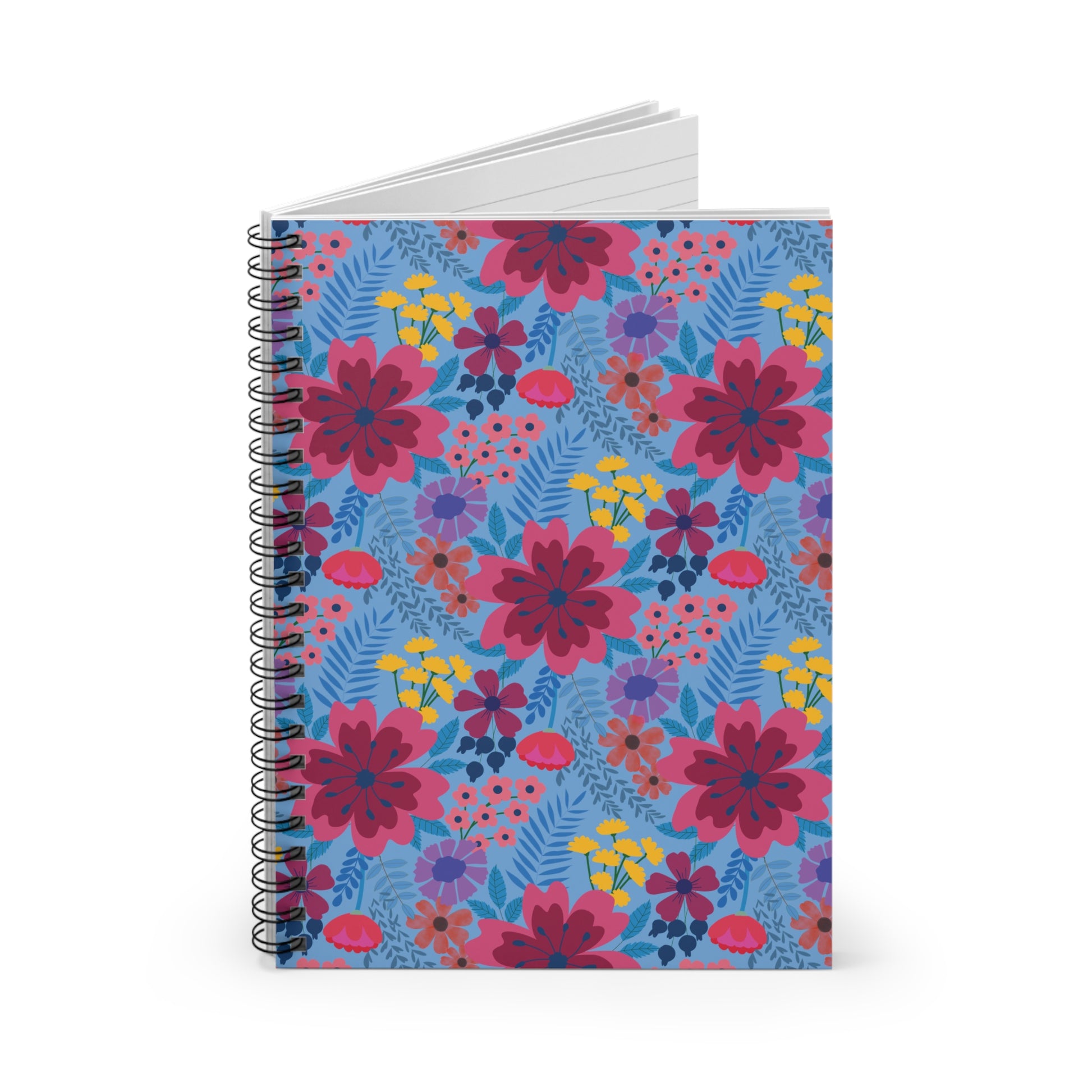 Floral Spiral Notebook with vibrant pink, yellow, and purple flowers on a light blue cover, featuring a sleek metal spiral binding and peek of lined pages, ideal for creative expression and organization.