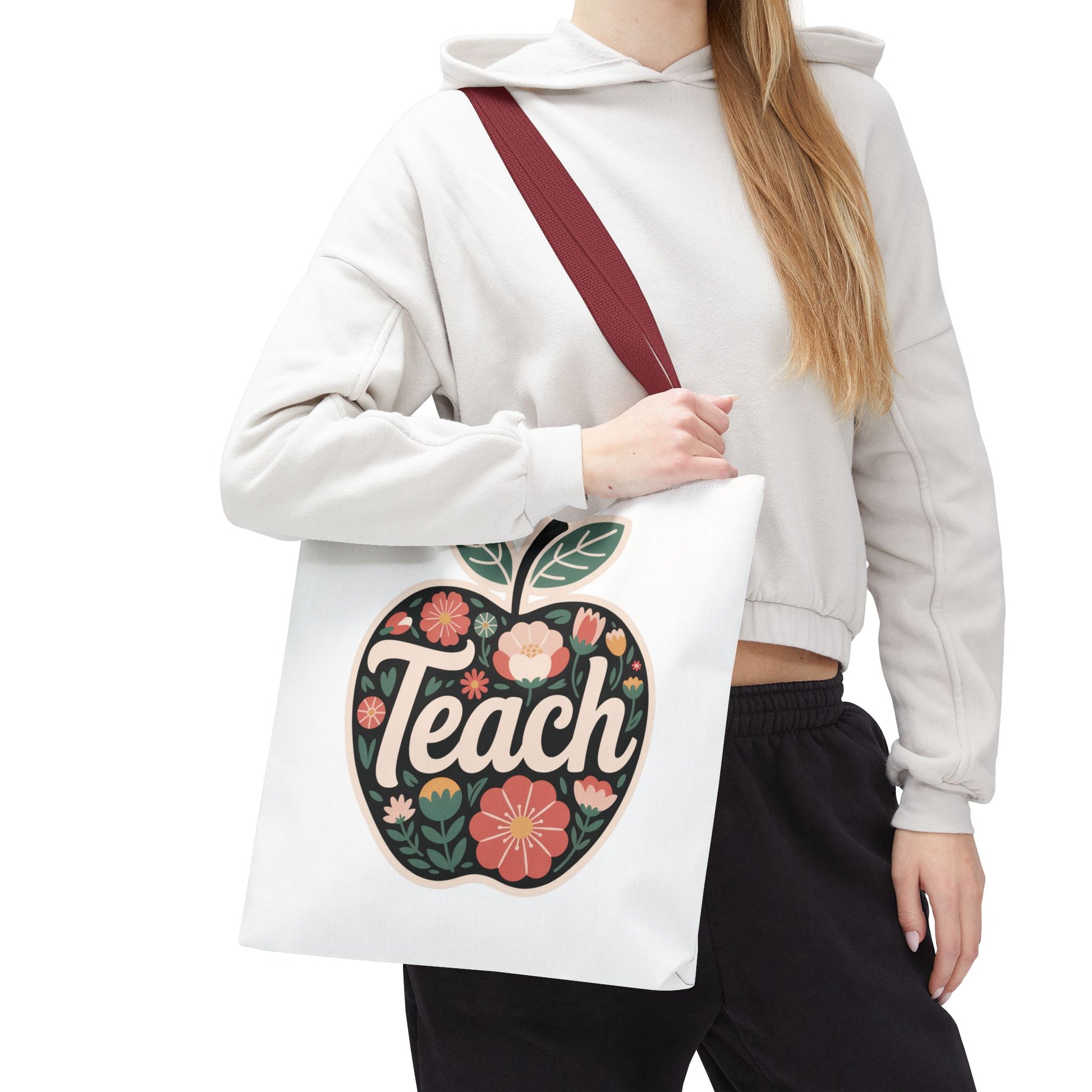 Floral Apple Tote Bag - Hand-Drawn Pastel-Colored Design with 'TEACH' on a cheerful, cozy tote; ideal for teachers, featuring reinforced handles and boxed corners for durability and space.