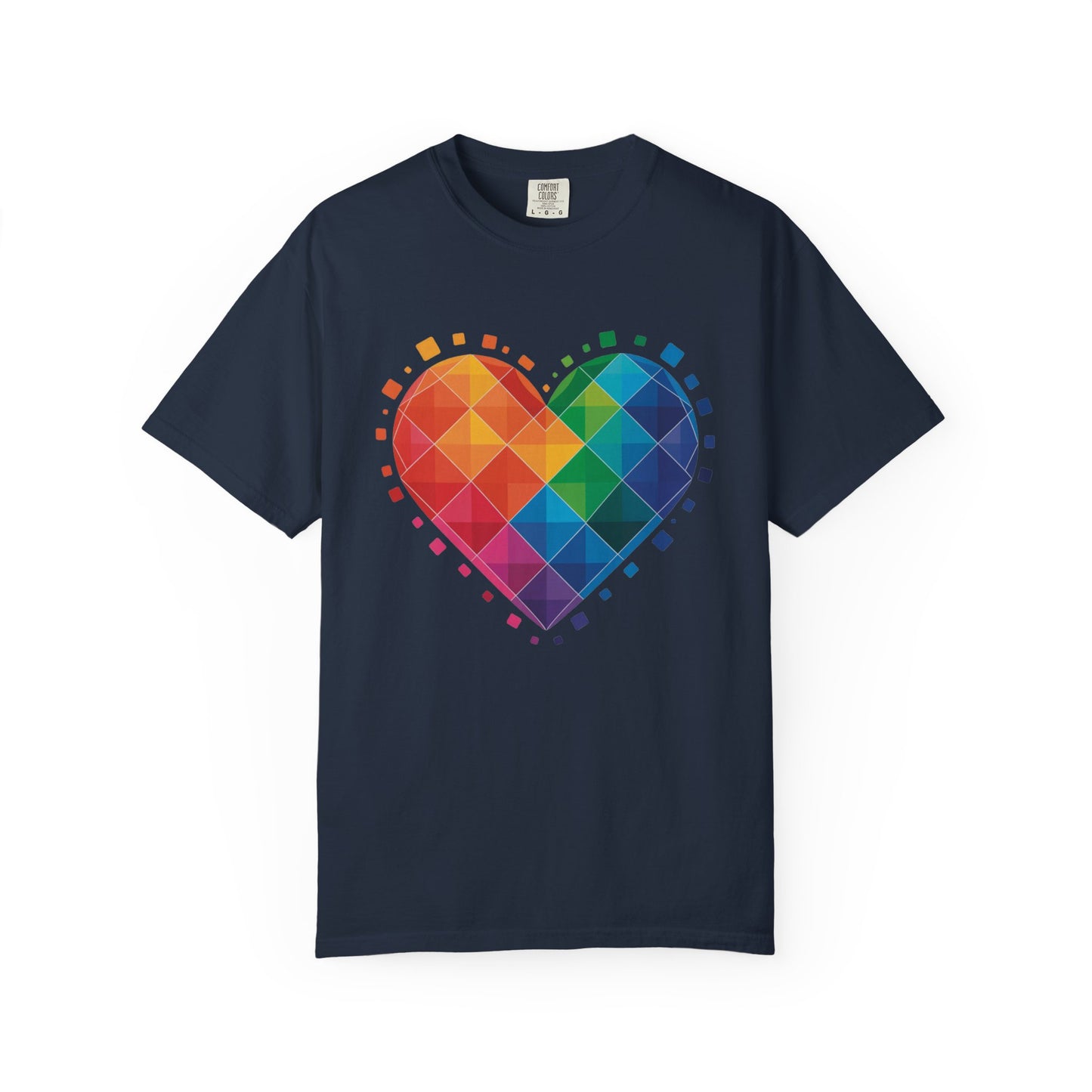 Rainbow Geometric Heart T-Shirt with a dynamic heart design featuring layered, translucent squares in a vibrant rainbow gradient, perfect for casual wear or special occasions, reflecting FireBrook Essentials' joyful style.