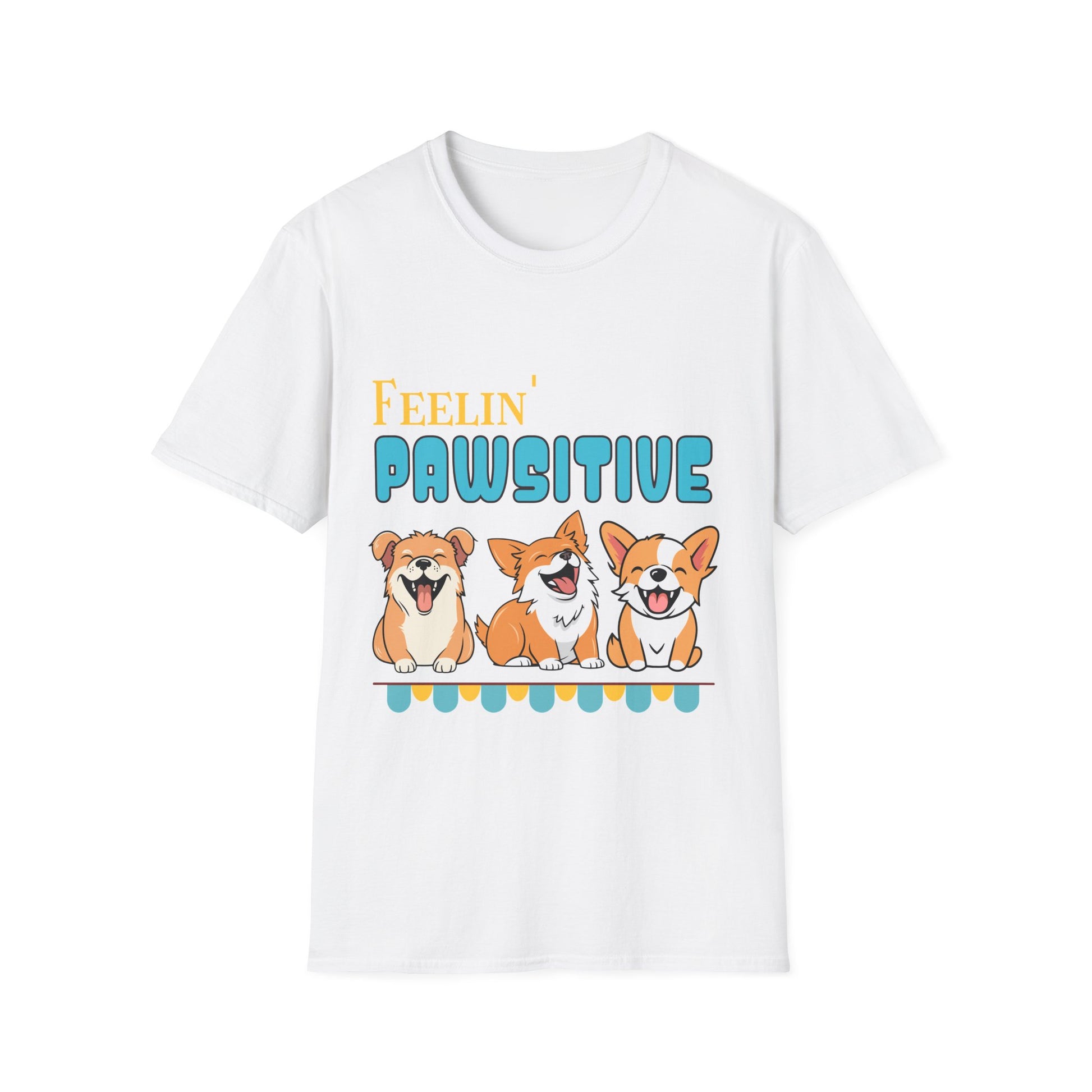 Feelin' Pawsitive with Happy Paw Dogs Gildan Unisex T-Shirt featuring playful dog illustrations, perfect for adding a joyful touch to your wardrobe.