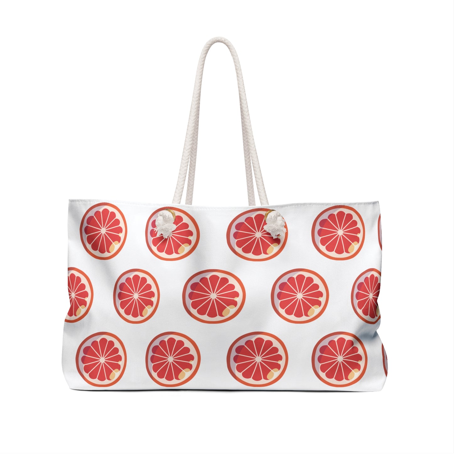 Weekender Bag Orange Slices Print features vibrant orange slice patterns, rope handles, and a tassel, perfect for summery adventures. Crafted from durable polyester, it offers ample space for weekend getaways.