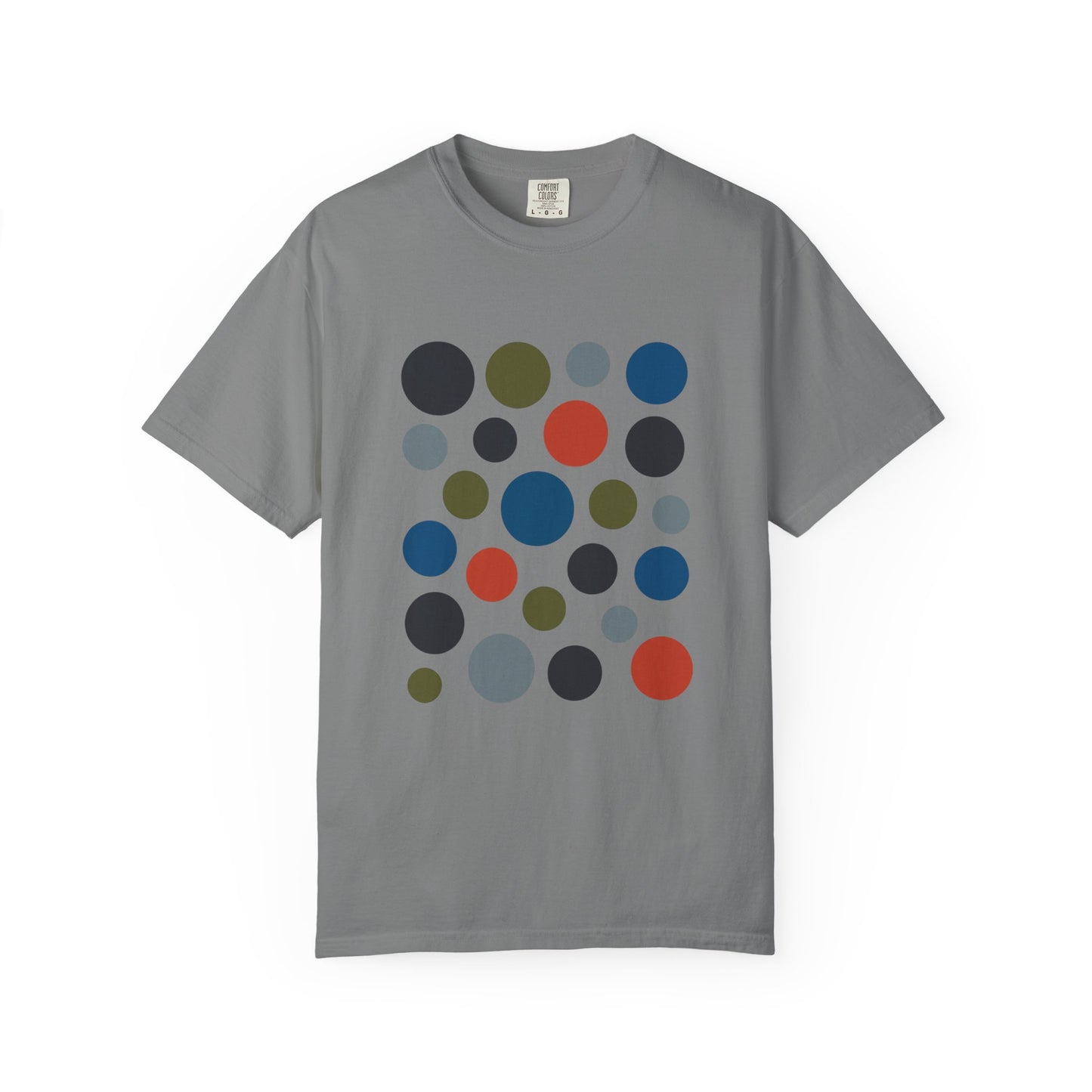 Abstract Circle Design in Modern Muted Tones T-Shirt features artistic circles, offering a stylish, comfortable look ideal for casual and semi-formal occasions. Tailored for art lovers seeking unique, durable fashion.