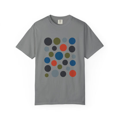 Abstract Circle Design in Modern Muted Tones T-Shirt features artistic circles, offering a stylish, comfortable look ideal for casual and semi-formal occasions. Tailored for art lovers seeking unique, durable fashion.