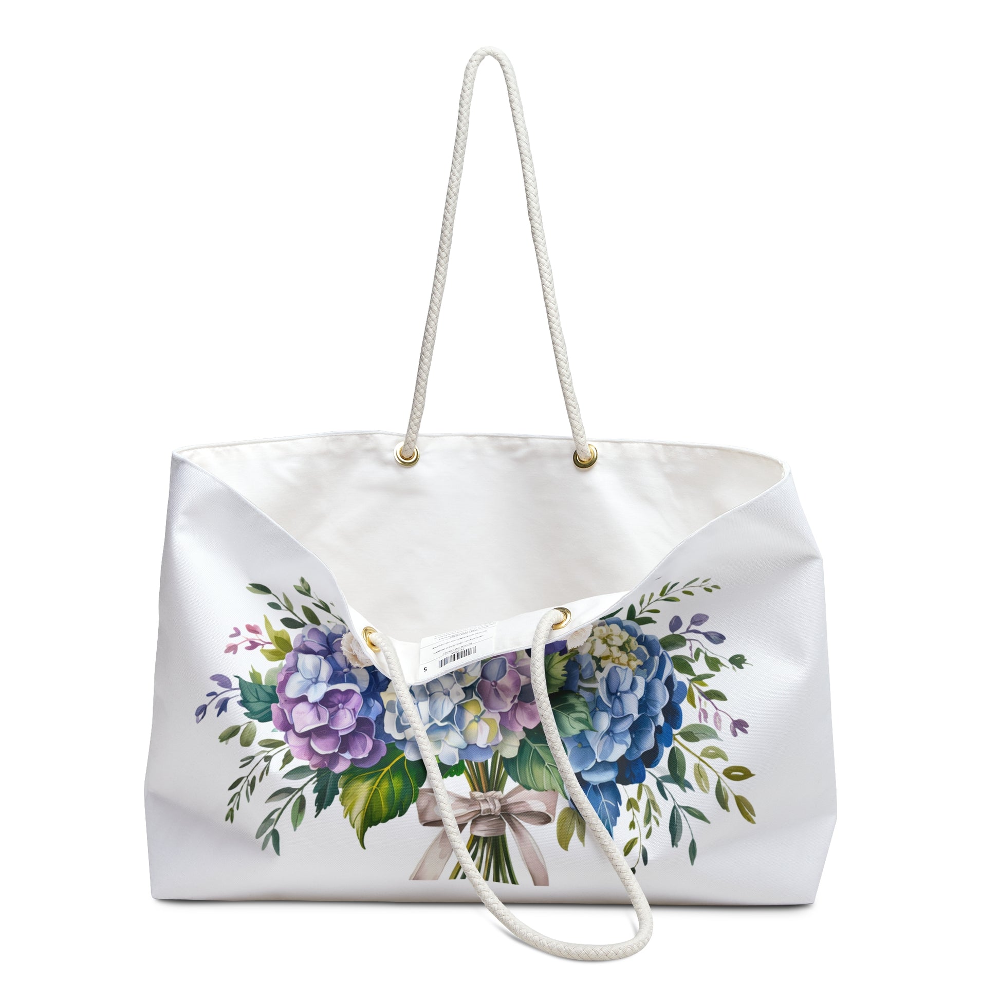Weekender Bag - Hydrangea Bouquet features a chic, floral design with hydrangeas, rope handles, and a bow detail, perfect for stylish getaways. Designed by FireBrook Essentials for joyful, effortless travel.